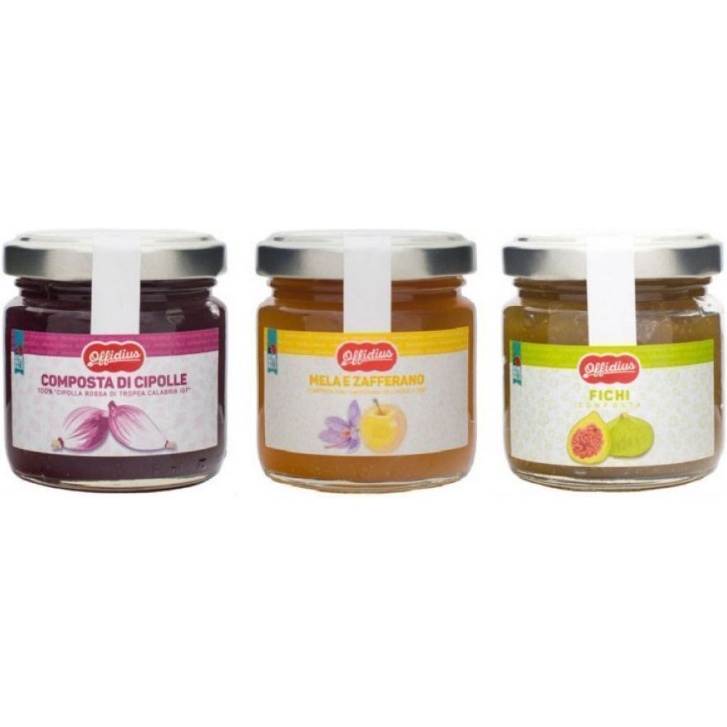 Vasetti di composta: Fichi, "Cipolla Rossa di Tropea IGP", Mela e Zafferano dell'Aquila DOP - 3x110 gr - Offidius