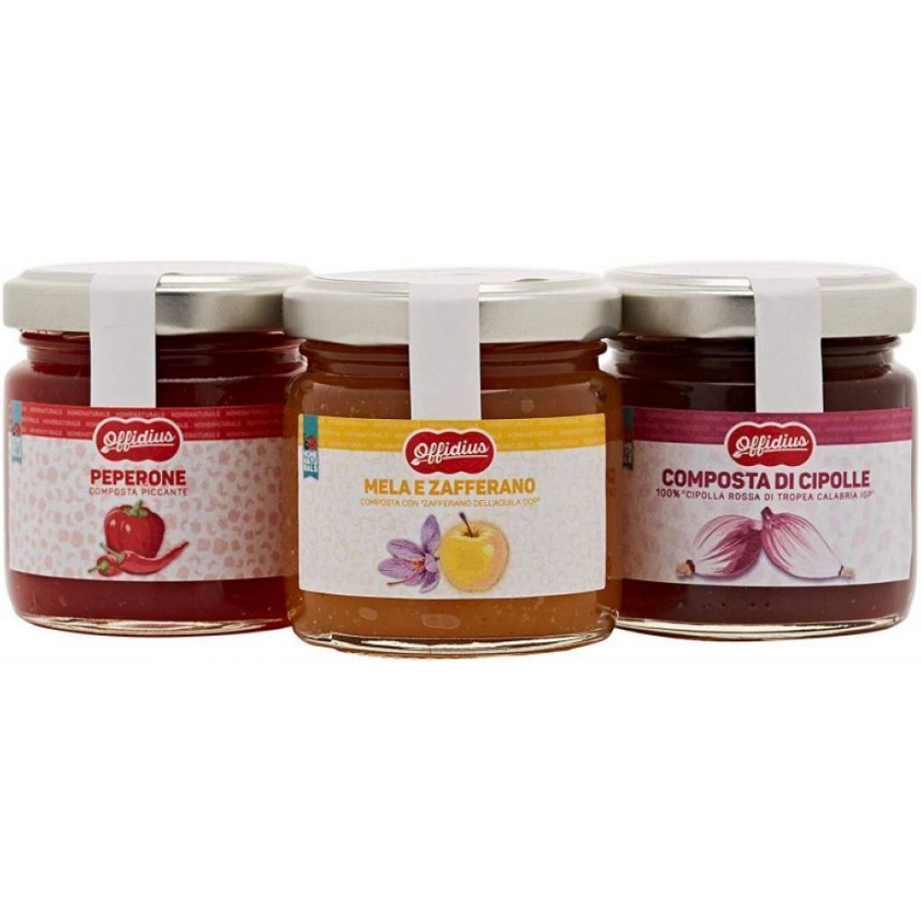 Vasetti di composta: Peperone Piccante, "Cipolla Rossa di Tropea IGP", Mela e Zafferano dell'Aquila DOP - 3x110 gr - Offidius