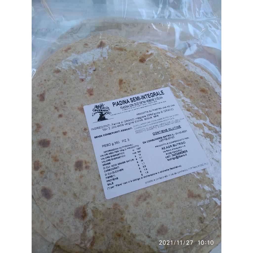 Piadine artigianali con olio evo e grani antichi. Semi-Integrale - 3 Pezzi