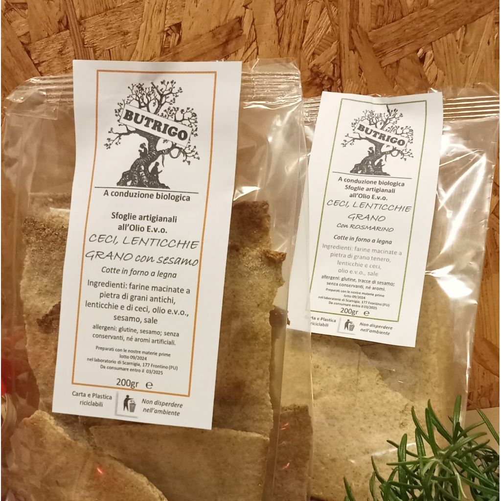 Sfoglie di grano, lenticchie e cece a base di olio e.v.o.