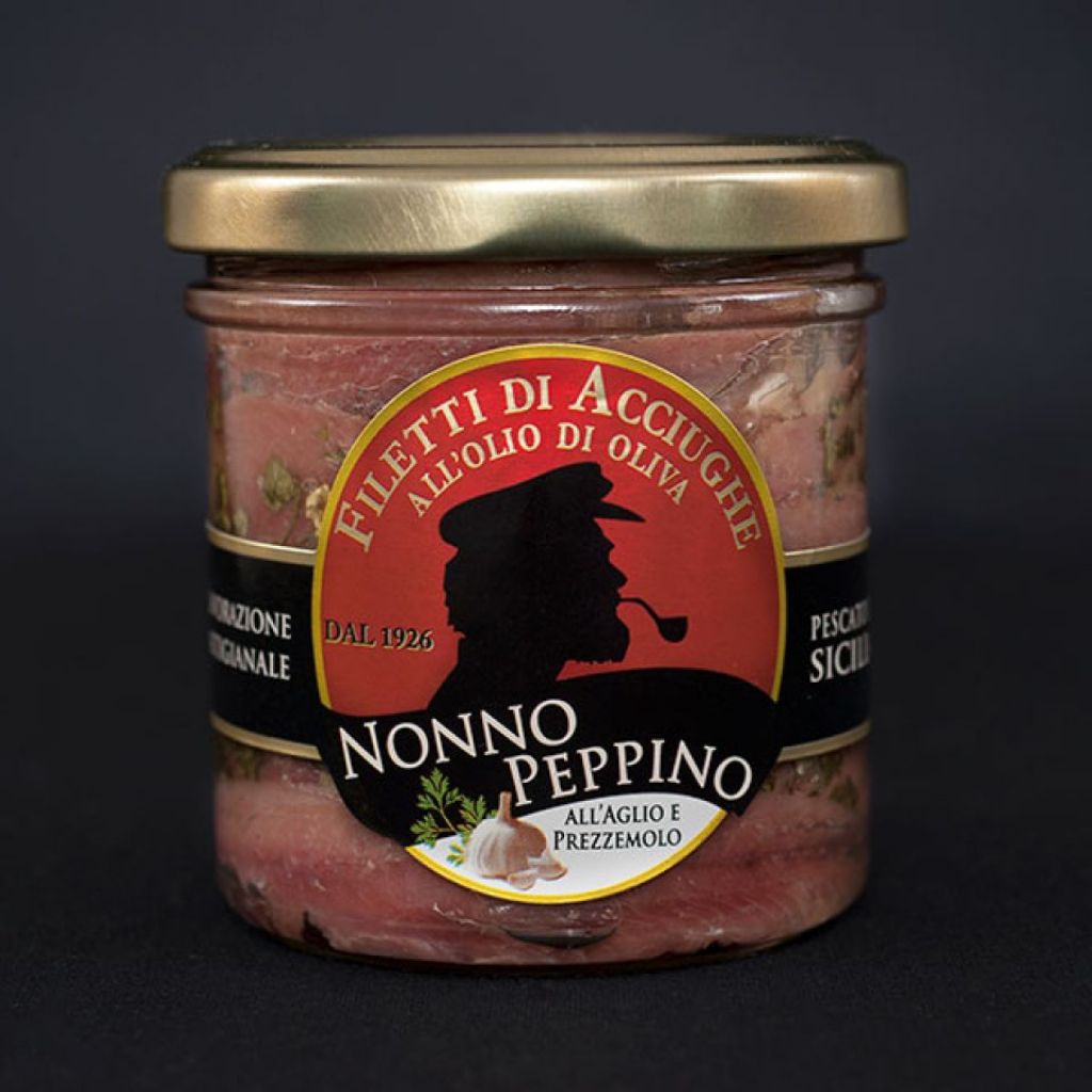 Filetti di Acciughe all'Aglio e Prezzemolo all'olio di oliva vaso 160 g