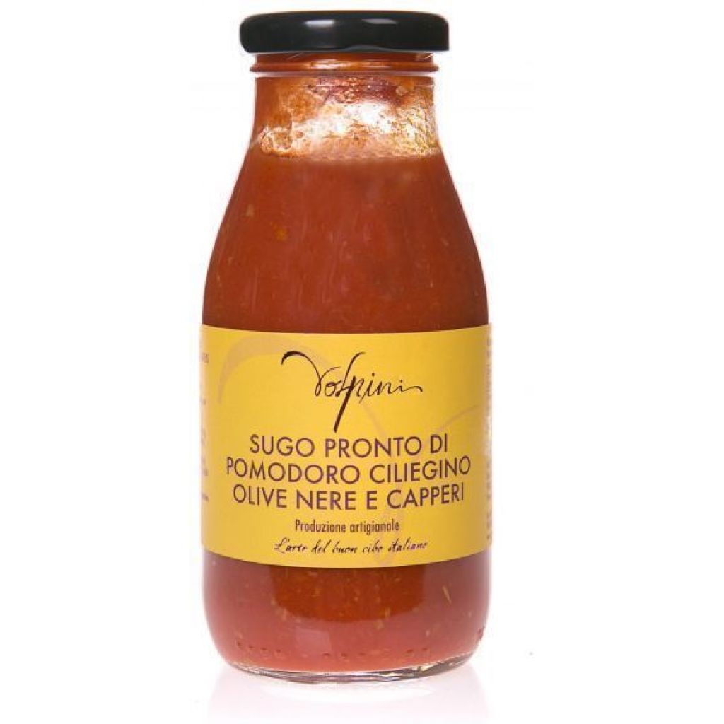SUGO PRONTO DI POMODORO CILIEGINO OLIVE NERE E CAPPERI 250 GR.