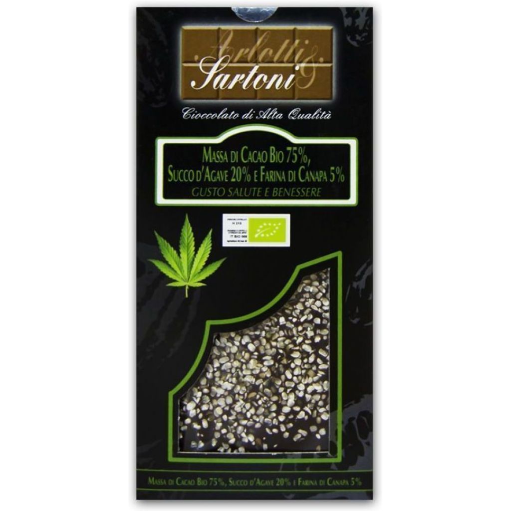 Massa di cacao BIO 75%, succo d&rsquo;agave 20%, farina di canapa 5%