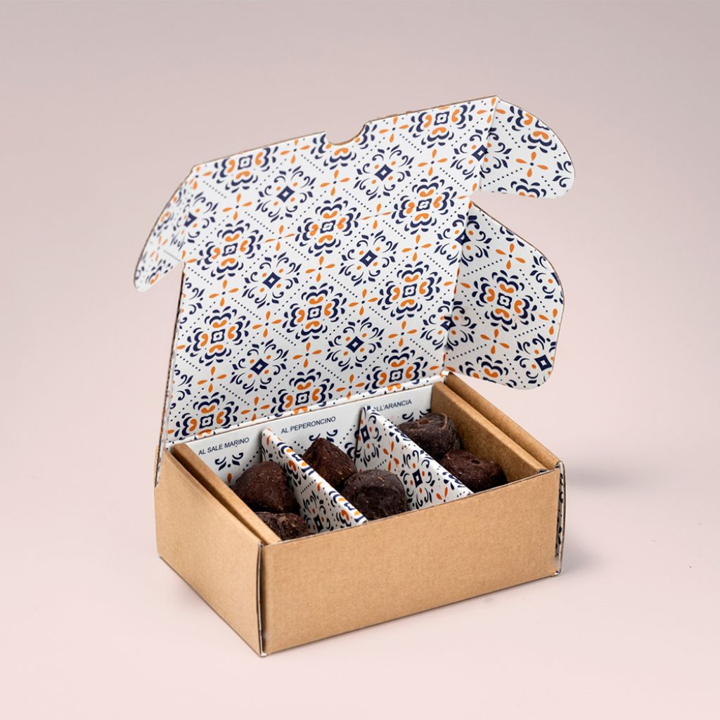 Box trigusto con i 3 cioccolatini: arancia, sale, peperoncino