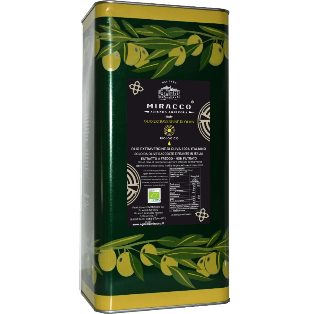 Extra Virgin Olive Oil - Organic - Produced in Calabria in a 5-liter Bag-in-Box