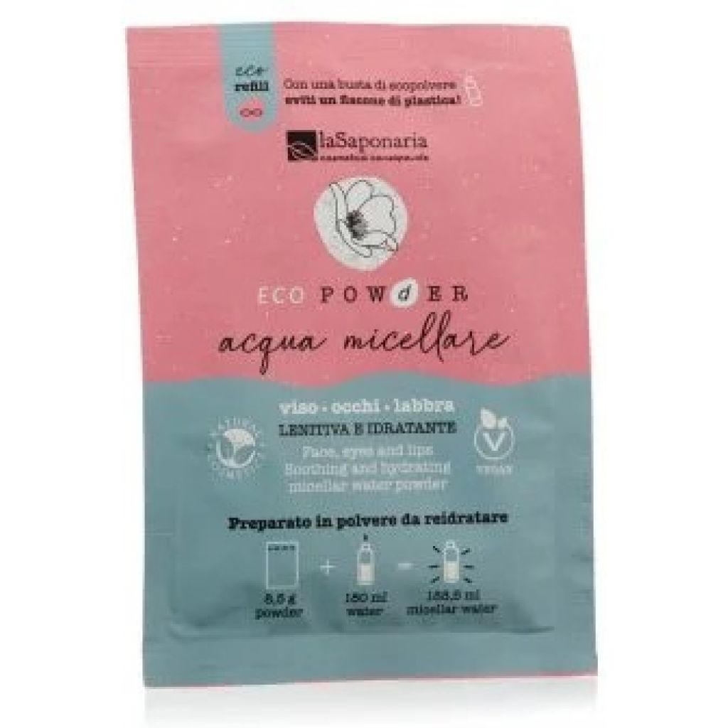 Acqua micellare in polvere, viso occhi labbra 8,5 g per 180 ml