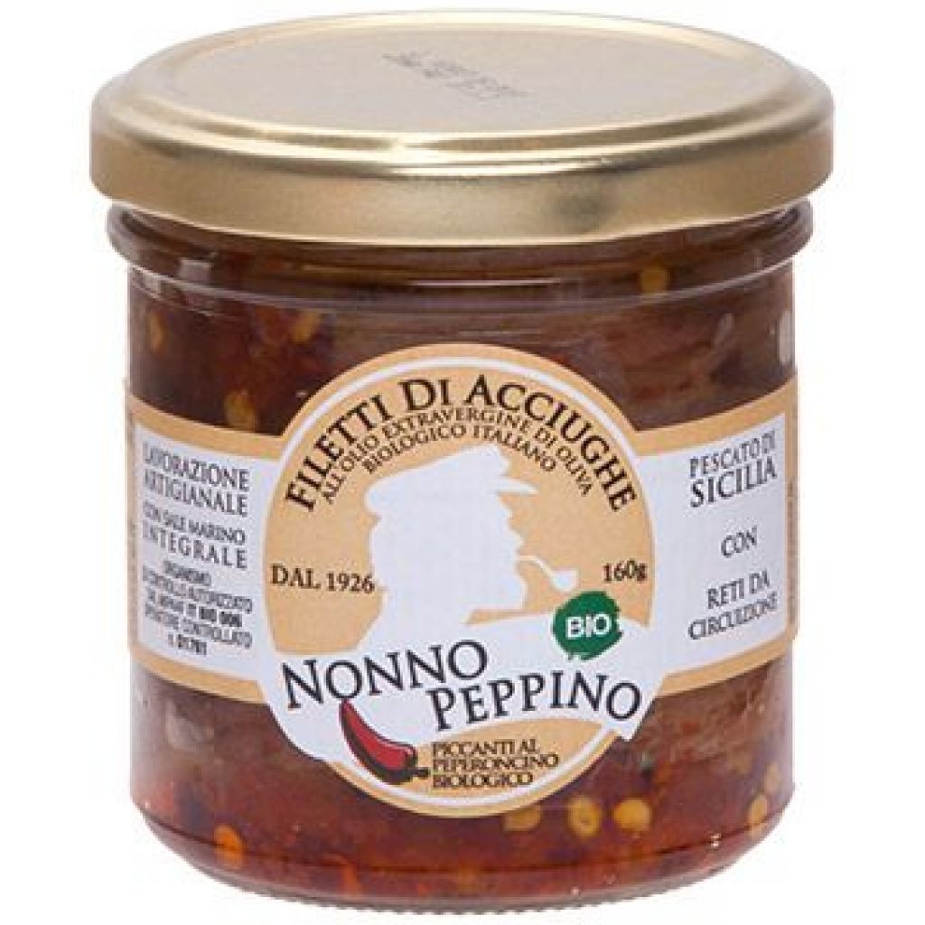 Filetti di acciughe all&acute;olio EVO Bio con peperoncino - 160 g