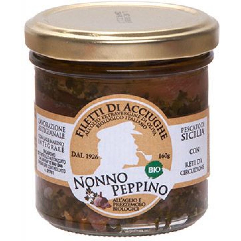 Filetti di acciughe all&acute;olio EVO Bio con aglio e prezzemolo - 160 g